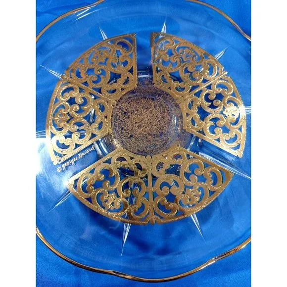 Georges Briard Signed Gold Scroll Encrusted Glass Pedestal Cake Plate Stand - Picture 4 of 7